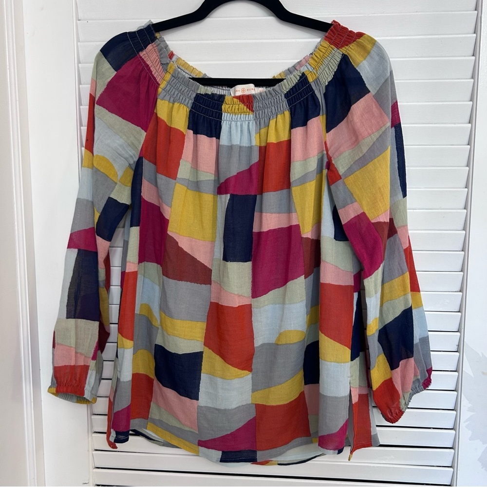 Tory Burch graphic colorblock blouse shirt off shoulder peasant boho size Medium